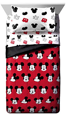 Image of Disney Mickey Mouse Twin Comforter Set 4 Piece Kids Cartoon Bedding, Red | Bed in a Bag, Comforter Sheets Pillowcase, Official Product, Soft Microfiber, Machine Washable, Easy Care, Kids Gift