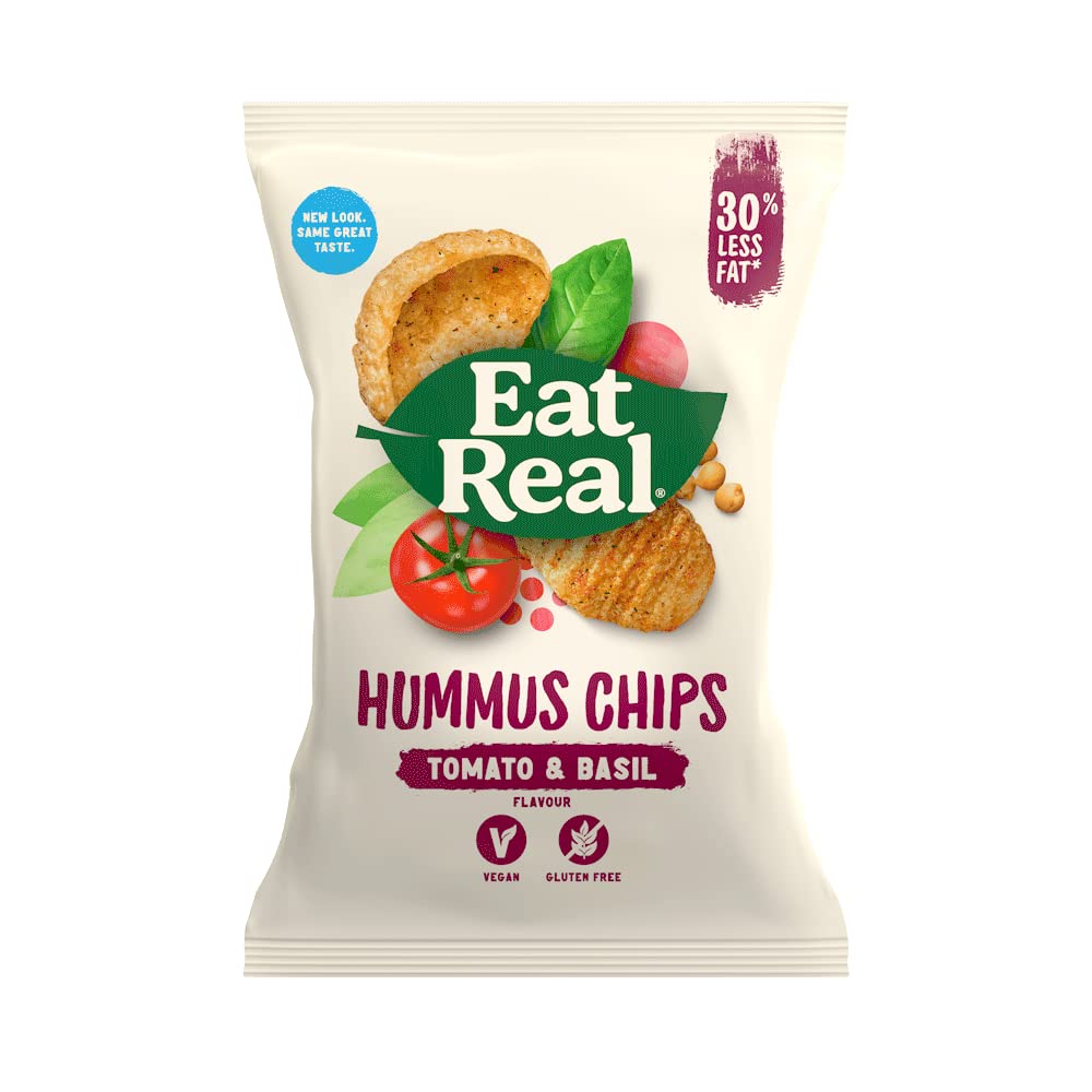 Eat Real - Hummus Chips, Tomato and Basil, Sharing Crisps, Vegan & Gluten Free, 135 g, Pack of 10