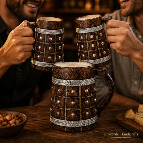 Image of Wooden Beer Bar Combo Set | Barrel Shaped Jumbo Mug with Metal Studs | 2 Small Beer Mugs 350ML (5 x 4 inches Each) & 1 Large Beer Jug 750ML