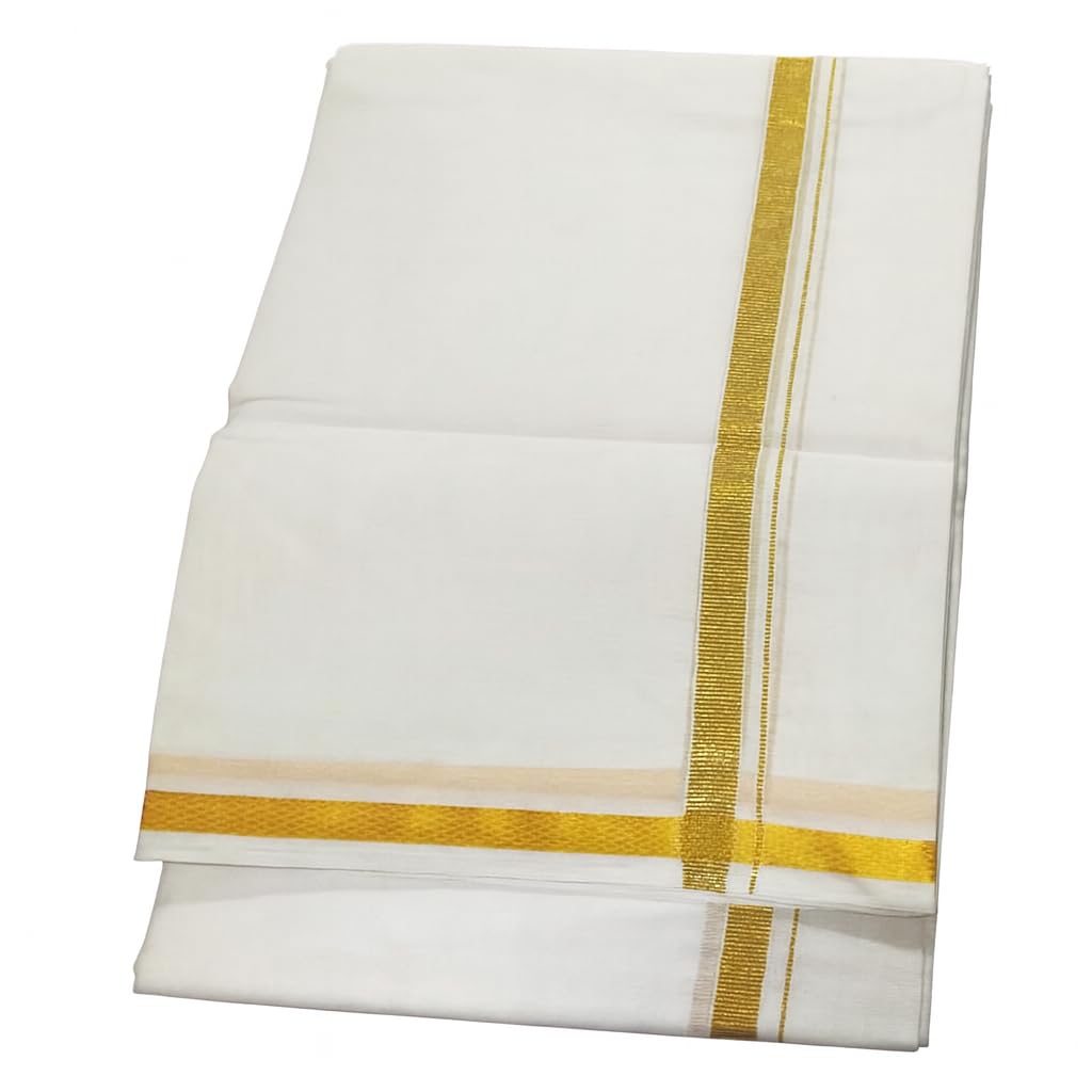 Traditional White Cotton Dhoti with Gold Border, Pongal Festival Wear Traditional White Cotton Dhoti with Gold Border, Pongal Festival Wear