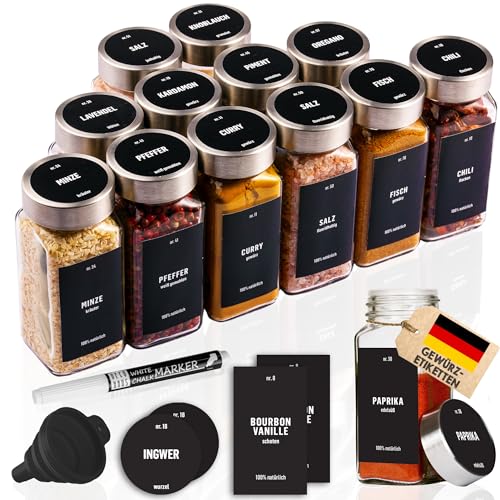 Deco haus® Gewürzgläser eckig luftdicht 12er Set [inkl. Etiketten & Streueinsatz] - Gewürzdosen...