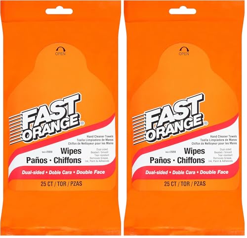 Image of Fast Orange 25050 Hand Cleaner Wipes, Mechanic Wipes For Auto Shop, Heavy Duty Wipes, Removes Grease, Oil, Exhaust Fumes From Hands And Skin, 25 Count (Pack of 2)