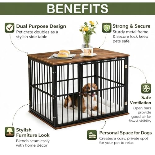 Image of Cature Wooden Dog Crate Furniture with Metal Frame | Heavy Duty Indoor Pet Kennel with Table Top | Decorative Dog Cage End Table for Small and Medium Sized Dogs (31.1x21.5x25.2 inches)