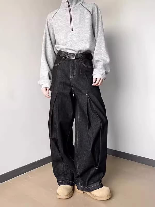 Men's American Retro Black Wide Leg Denim Jeans2