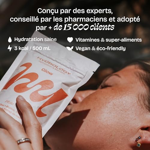HYDROLOGY - Aromatisiertes Wasser – Zuckerfreie Tabletten – Vitamingetränk Schönheit & Glanz – tägliche Hydration – 15 Brausetabletten – Vegan & natürlich – Hibiskuspfirsich – Glow