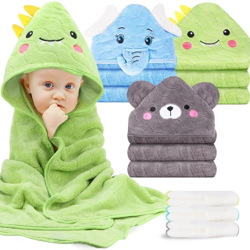 Image of OFUSUY 6 PCS Baby Towels, 3 PCS Soft Hooded Baby Towels & 3 PCS Washcloths, Baby Bath Towels for Newborns, Infants & Toddlers- Coral Fleece, Soft & Ultra Absorbent, Cute Towel Gift for Boys & Girls