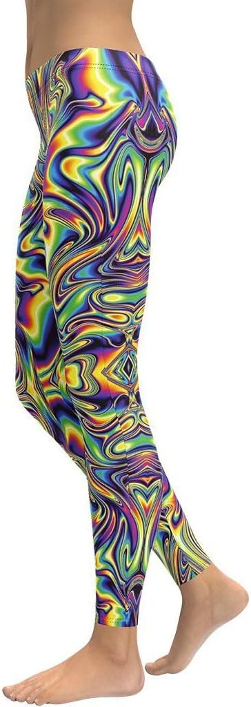 FIERCEPULSE Vibrant Psychedelic Leggings for Women - Mid Waisted, Stretchy Pants Printed Leggings for Workout & Exercise