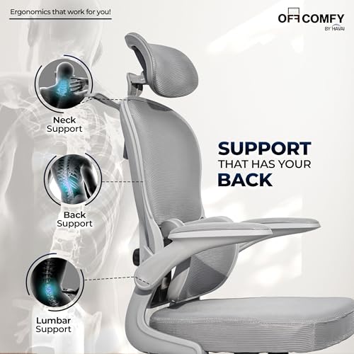 Image of HAVAI Velmora Ergonomic Office Chair | High Back Mesh Chair with Reclining Mechanism, Adjustable Armrest, Headrest & Lumbar Support | Nylon Base & Wheels | Executive /WFH Chair (Grey)