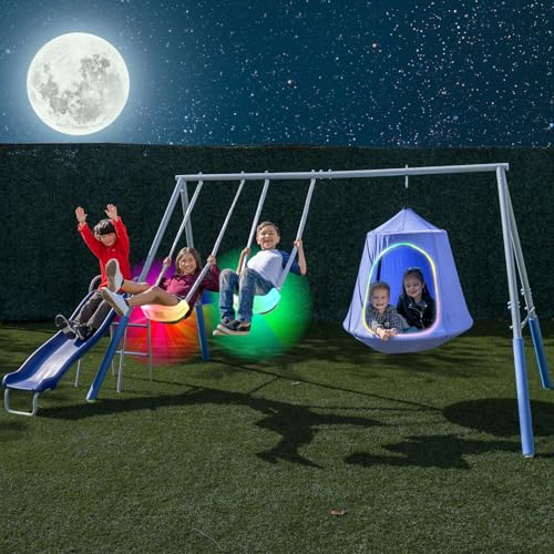 Sportspower Shooting Star Swing Set for Kids - 500lbs Capacity, LED Swings & Hanging Tent, 5ft Slide, 6.1ft Steel Frame, Bonus Anchor Kit - Ages 3-8 Outdoor Playset for Nighttime Play