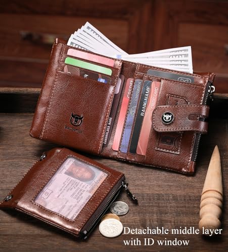 BULLCAPTAIN Bifold Mens Wallet with Chain Genuine Leather RFID Blocking Wallets Removable Zipper Coin Purse with ID Window (brown)4
