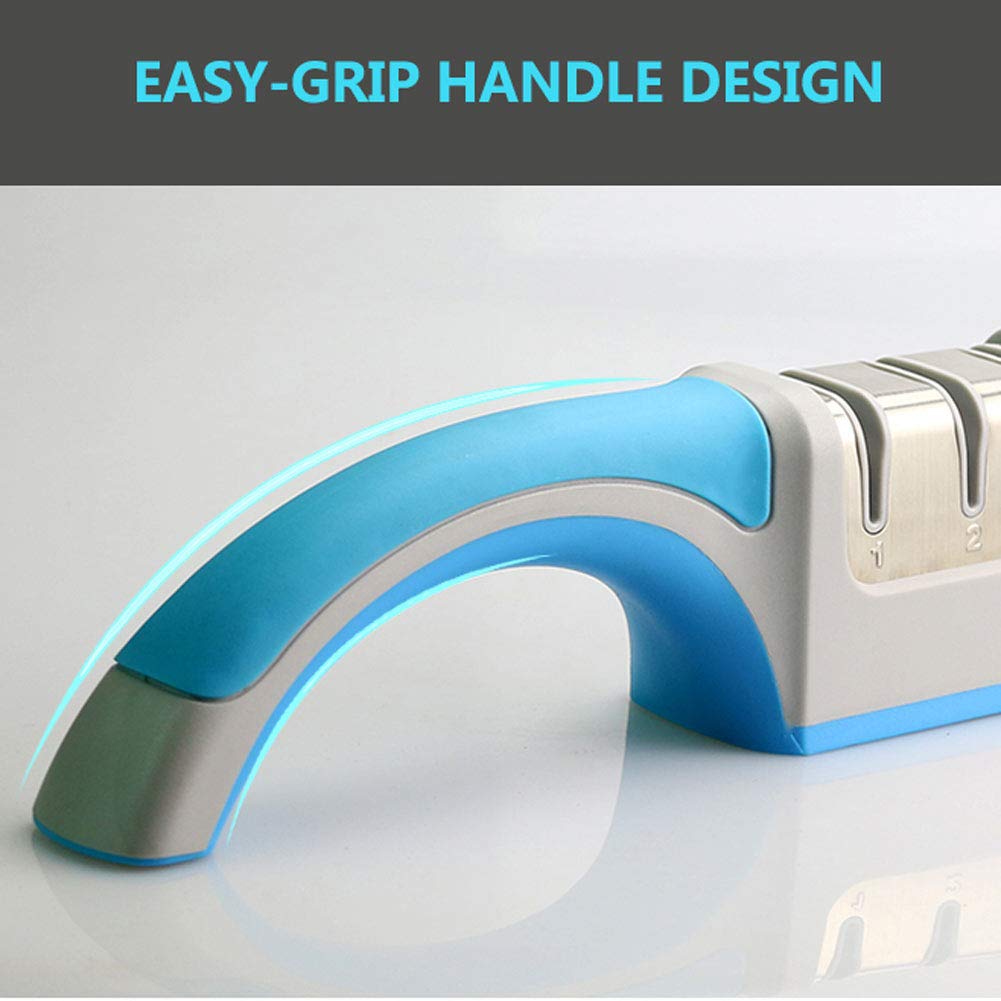 DUYER Affilacoltelli da Cucina, Temperamatite Manuale A 3 Stadi Resistente all'Usura Risparmia Sforzo Antiscivolo Design Dell'Impugnatura di Facile Presa Ergonomico Blue