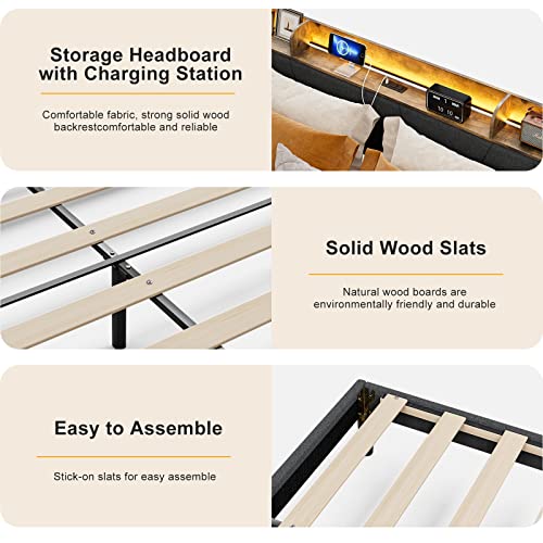 Ikifly King Bed Frame With Charging Station & Storage Shelf Headboard, Upholstered Led Platform Bed Frame With 2 Outlets And 2 Usb Ports（1 Type C）, Solid Wood Slats, No Box Spring Needed - Black #TOP7