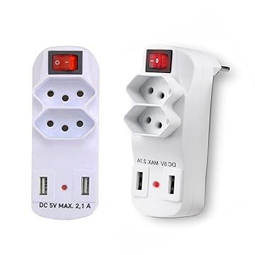 Adaptador 2 Tomada Padrão 10a Benjamim Bivolt Plug Duplo C/ 2 Portas USB LED Com Botão Liga/Desliga Para Celular Notebook PC PREMIUM ONYK