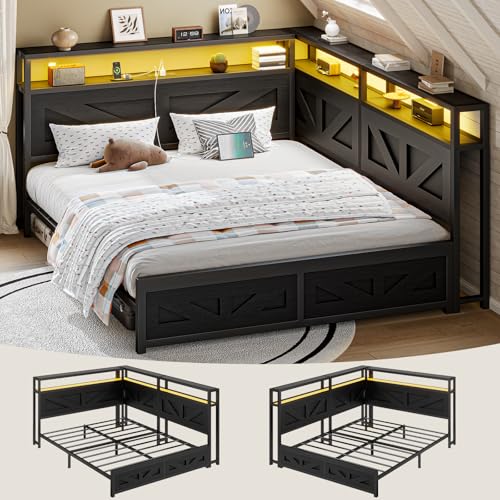 CIKUNASI Queen Corner Bed Frame with Storage and Bookcase Headboard Daybed with LED Light and Charging Station Queen Size Metal Platform Corner Bed Frame for Kids Teens Guests