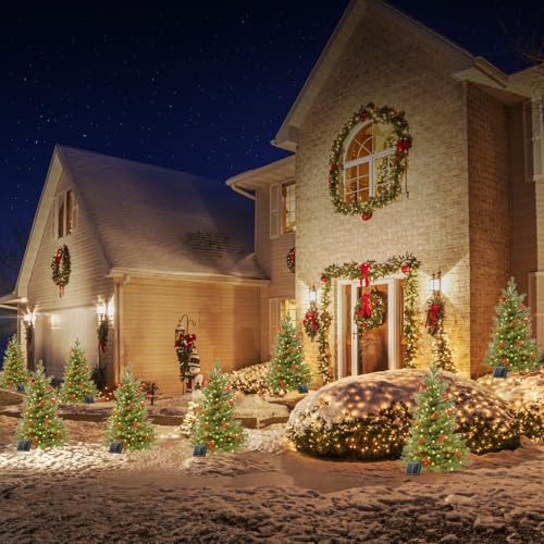 Enven 30 Inch Outdoor Christmas Tree 2 Set, Pre-Lit Mini Flocked Christmas Tree Artificial Pathway Xmas Tree 50 Led With Red Berries thumb #5