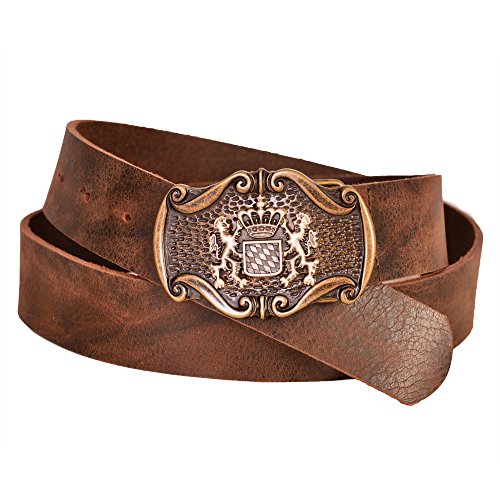 Enzianblau Echtleder Gürtel; Trachtengürtel; Bayerische Löwen mit Bayernwappen und Krone; Zweifarbige Schließe; dunkelbraun; Gürtel passend zur Lederhose (100) Cover