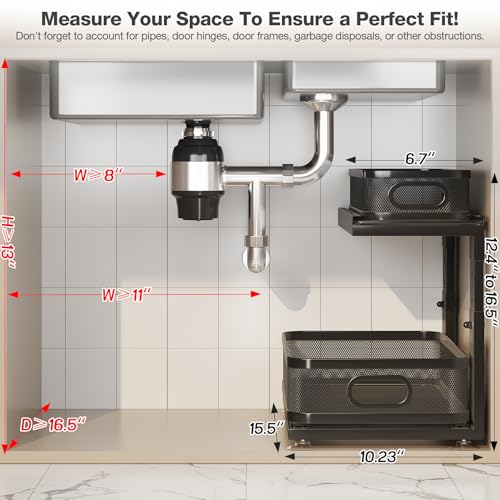 Image of 2 Pack Under Sink Organizer With Next-Gen Ball-Bearing Slides,2-Tier Precision Mesh Pull Out Cabinet Shelf Storage for Bathroom&Kitchen,Slide Out Drawers Height Adjustable,Rust-resistant