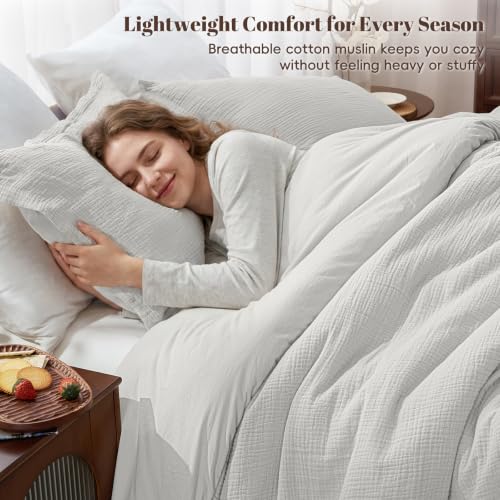 Image of PHF Cotton Muslin Comforter Set King, Ultra Soft Breathable, Light Grey
