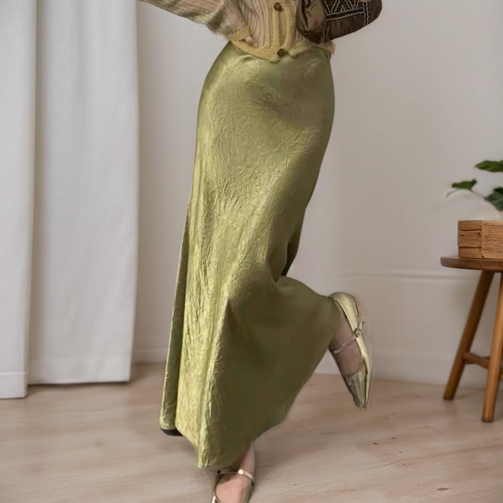 Summer Fall Light Satin Pleated Skirt High Waist Pocket Hip Long Skirts