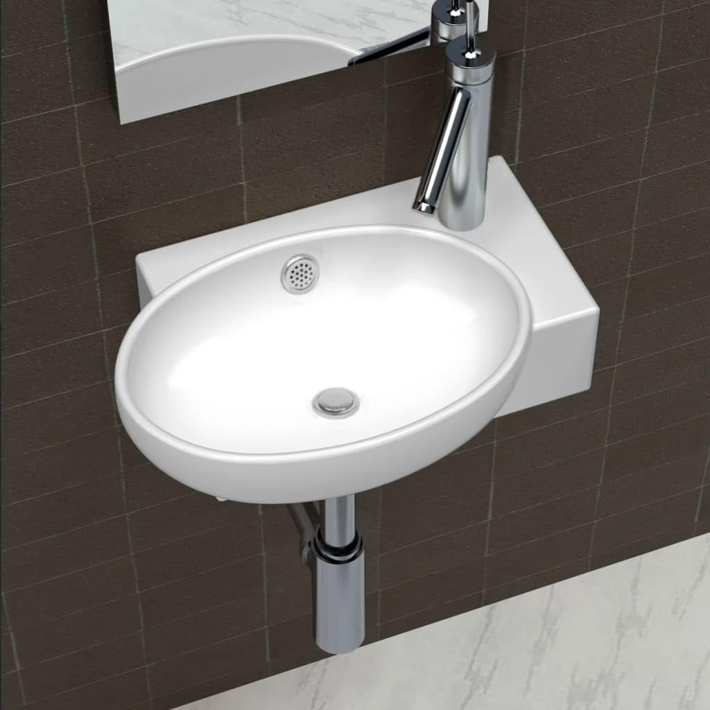 Lavabo de cerámica blanco 41 x 28 x 12,5 cm, lavabo de pared con orificio para grifo y orificio de rebosadero, lavabo de mano para baño y aseo de invitados