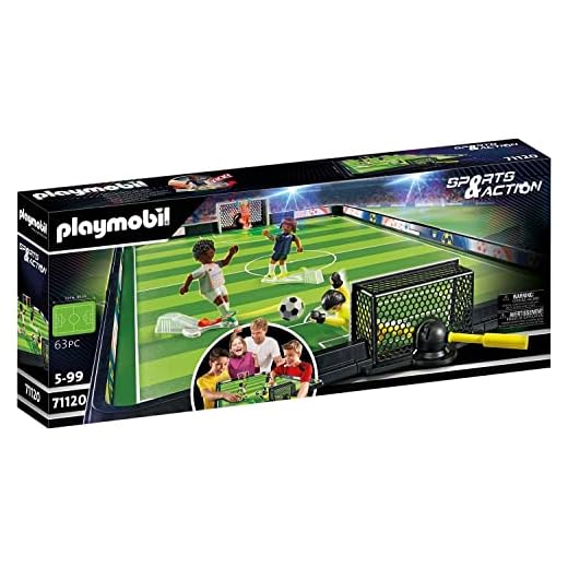 PLAYMOBIL Sports & Action 71120 Campo de fútbol, Futbolín para niños: 2 porteros, 2 futbolistas con función de Patada, 3 balones de futbolín, Juguetes para niños a Partir de 5 años