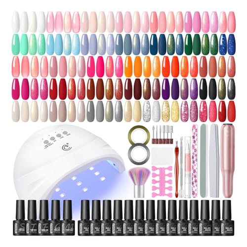 PEACECOLOR Kit Uñas Semipermanentes, 40PCS Esmaltes Pintauñas Semipermanentes Base Top Coat Brillante Mate Glitter, Lámpara U V/LED Lima Electrica Uñas Kit Completo Regalos Principiantes