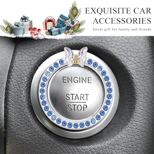 Image of DXNQ Bling Ring Emblem, Sparkling Butterfly Car Buttons and Knobs Ring, Girly Butterfly Diamond Car Engine Start Button Cover, Key Ignition Knob Rings Decoration for Women (Blue, Single Row)