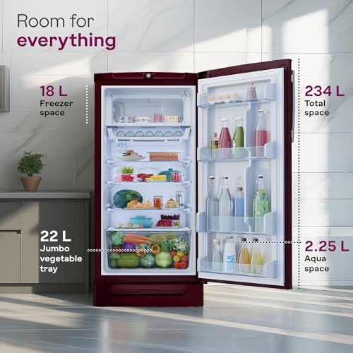 Image of Godrej 234 L 5 Star 5 Years Comprehensive Warranty Hygiene+ Inverter Technology 2.25L Bottle Space Direct Cool Single Door Refrigerator (RD EDGEPRO 255E TAI MN WN, Marine Wine)