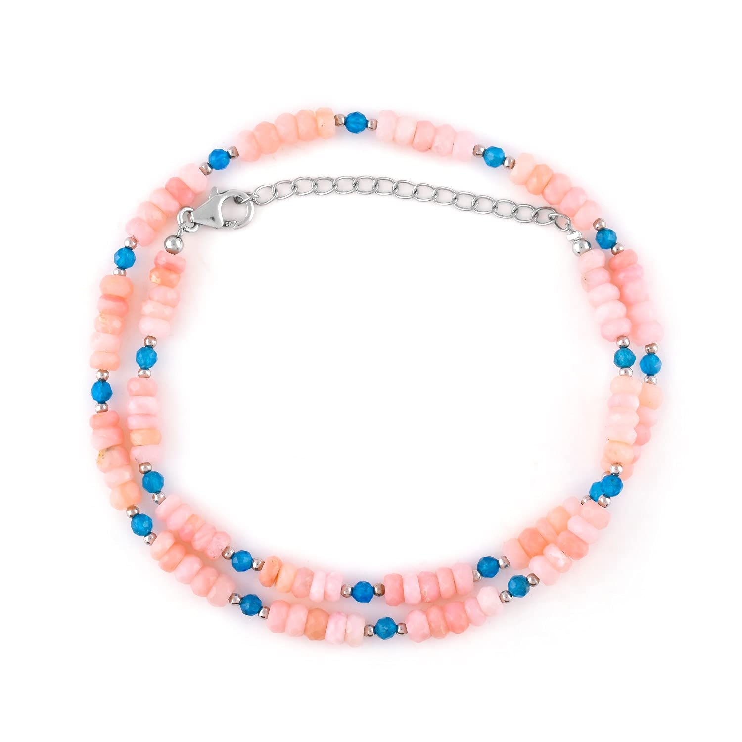 QNAVICNatural Pink Opal Gemstone with Neon Apatite Beads Choker Necklace, Handmade Jewelry, October Birthstone, Christmas Day Gift for Women, 925 Sterling Silver Chain 18"