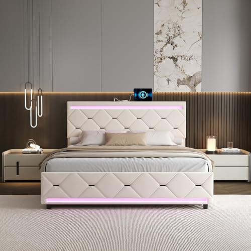 DAHUEN Bett 140 x 200 cm mit LED- und USB, gepolstertes Doppelbett mit 4 Schubladen, Doppelbett, gepolstertes Bett mit großem Stauraum,...