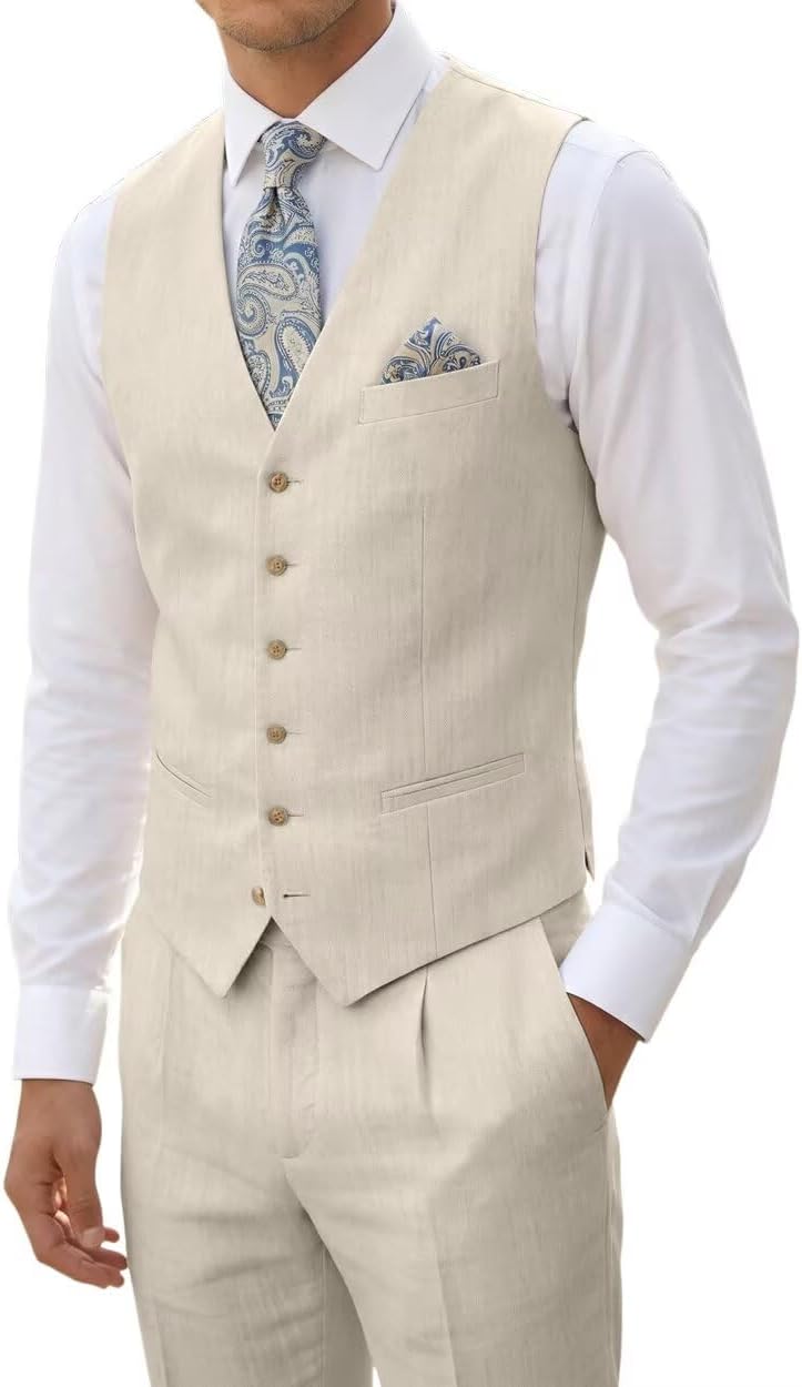 High-End Suits Linen Suits for Men Beach Summer Wedding Groomsmen 2 Piece Silm Fit Casual Light Suit Men's Tuxedos Vest Pant