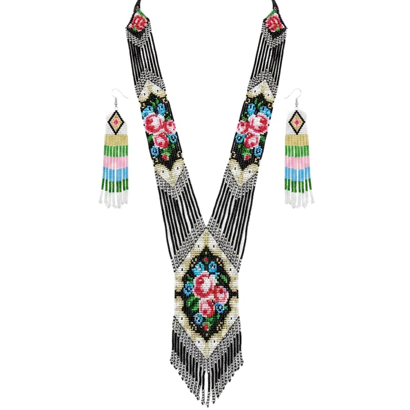 Collar gerdan ucraniano y pendientes hechos a mano con motivo de rosas multicolor LKBEADS LK_UKRN_0335