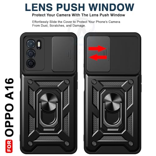 Image of AESTMO Tough Armor Oppo A16 Bumper Back Case Cover | Ring Holder & Sliding Camera Shield Cover | 360 Degree Protection Back Case Cover for Oppo A16 (Black)