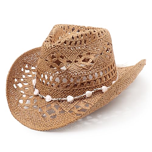 Image of DRESHOW Straw Cowboy Cowgirl Hat for Women Men Western Coastal Cowboy Beach Hat with Shapeable Brim Unisex Rolled up Caps