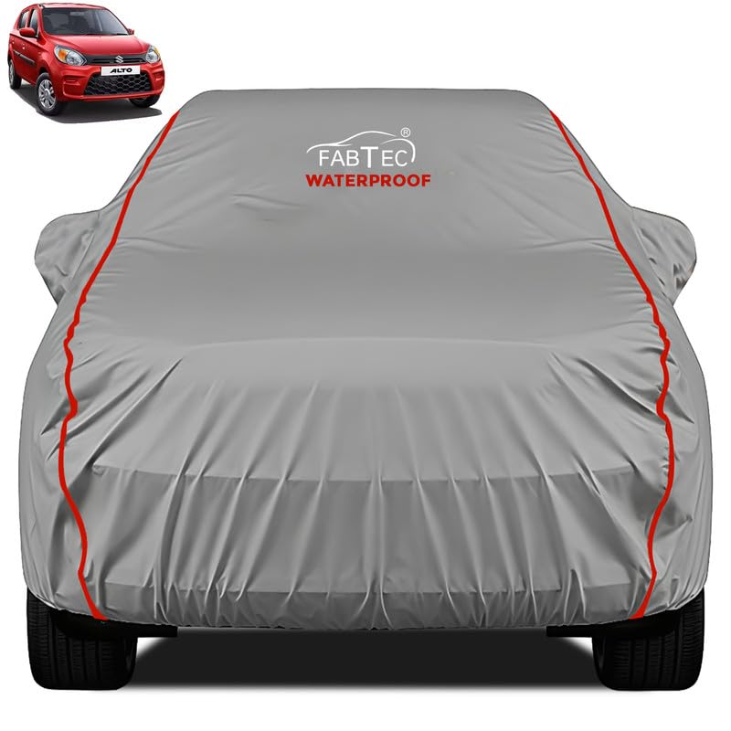 FABTEC Waterproof Premium Car Cover for Maruti Alto 800 Super Waterproof Car Body Cover Heavy Duty Durable PEVA Grey with Red Piping