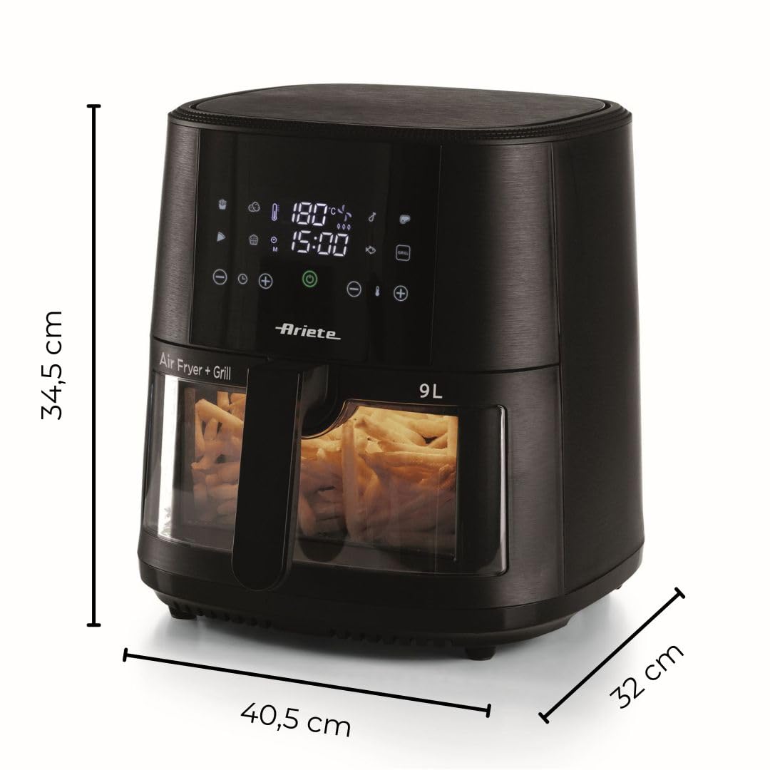 Ariete 4630 Friggitrice ad aria 9L, 1500 W, Capacità 9L, Capacità di cottura 2,5kg, 8 programmi preimpostati, Temperatura fino a 200°, Cestello trasparente per controllo cottura, Nero