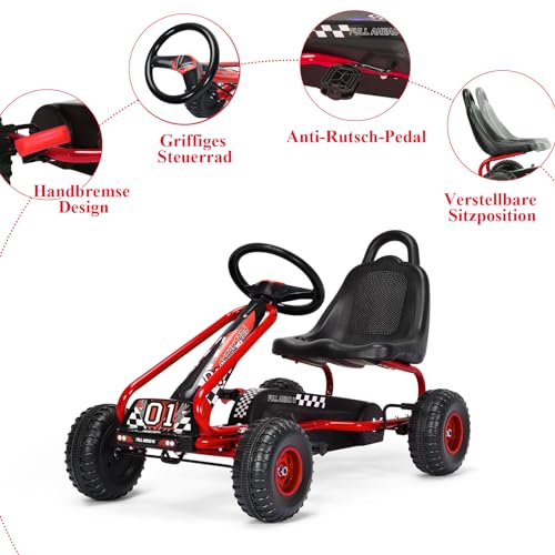 SOARS Gokart, Tretauto mit verstellbarem Sitz & Fußpedal, Go Kart mit Handbremse, Kinderspielfahrzeug Vorwärts- und Rückwärtsfunktion, Kinderfahrzeug bis 30 kg belastbar, für Kinder ab 3 Jahren (Rot) – Bild 5