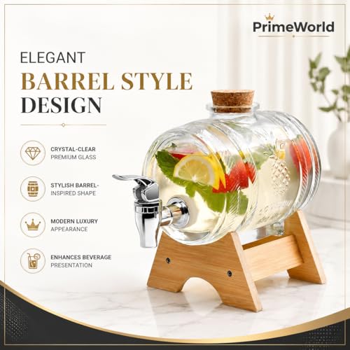 Image of 3L Glass Beverage Dispenser Barrel with Wooden Stand & Leakproof Tap | Premium Drink Server for Juice, Water, Wine, Cocktails & Iced Tea | Ideal for Home, Parties & Camping