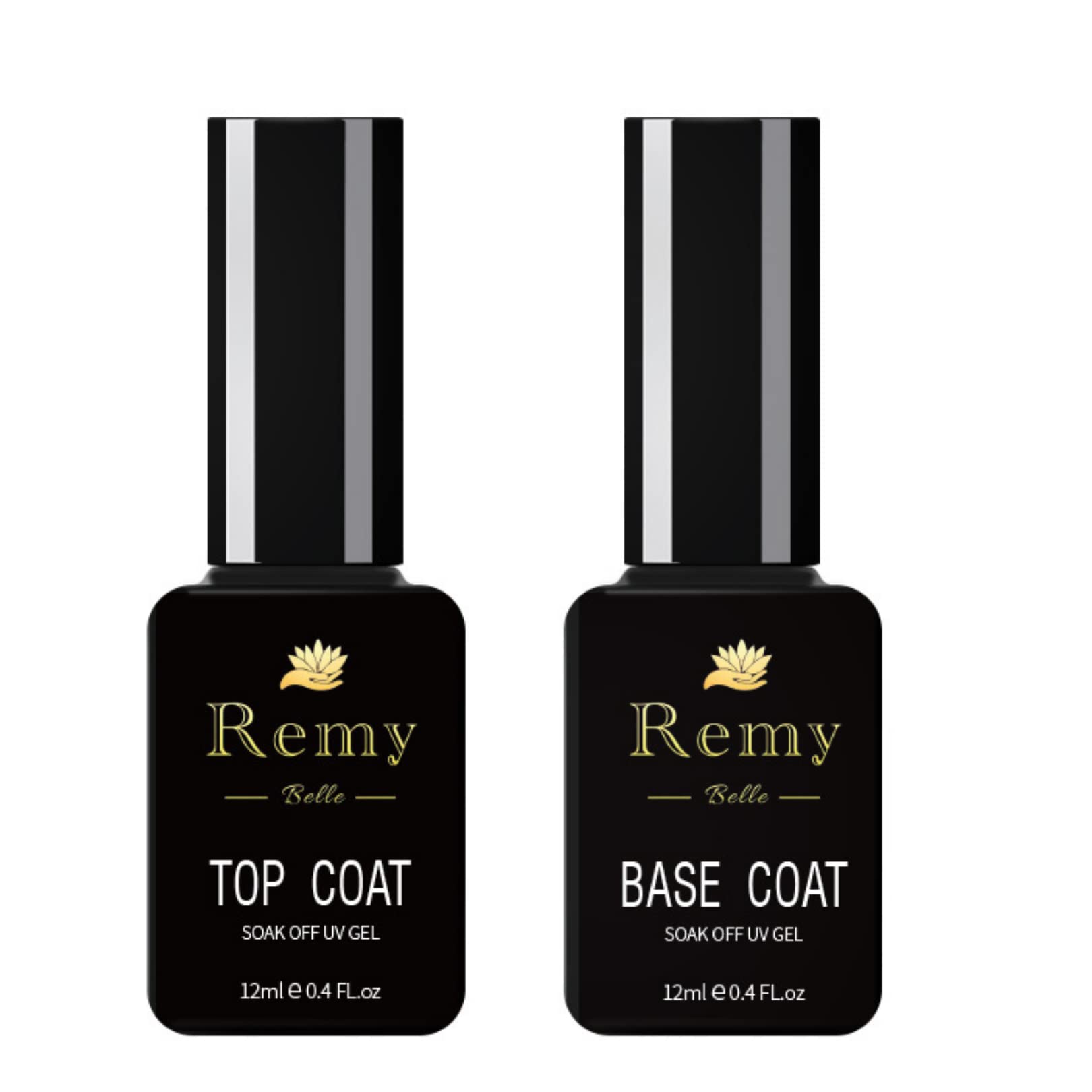 Remy Belle 2 Pcs 12ml No Wipe Gel Top Coat and Base Coat Set for Gel Polish & Poly Gel - Shine Finish and Long Lasting, Soak Off LED Nail Gel Polish Base Top Coat Glossy Top Coat and Base Coat 12 ml