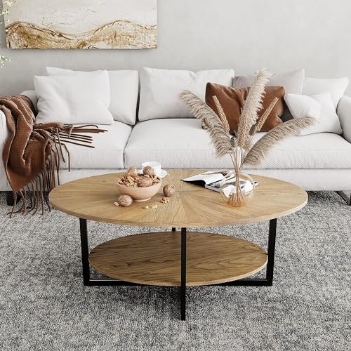 PADMA HOUSE Table basse ovale en bois massif avec pieds en métal croisé, 110 cm, table centrale industrielle moderne, avec étagère ouverte, table à...
