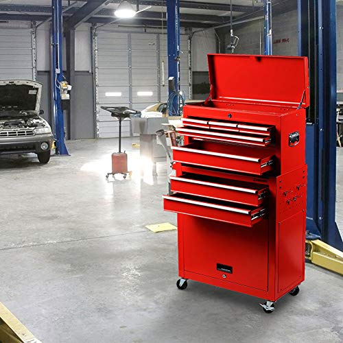 INTERGREAT Rolling Tools Chest with Drawers Tools Storage Chest for Garage Toolbox Chest on Wheels 8-Drawer Tool Storage Cabinet Steel Red
