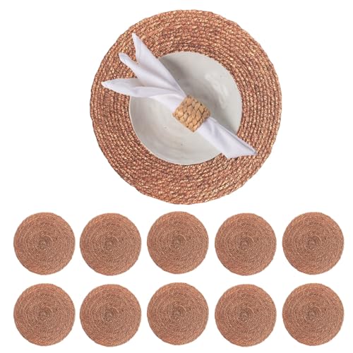 Image of Laquedecraft 13.8 inch Set of 10 Round Brown Seagrass Placemats | Boho Woven Rattan Table Mats | Farmhouse Wicker Spring Corn Husk Plate Chargers (Brown)