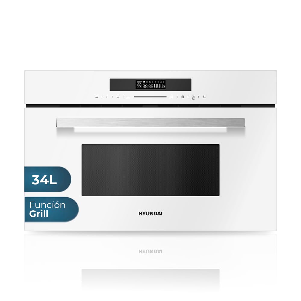 Hyundai Microondas 34 Litros Integrable con Grill Cristal blanco HHMW3414DGW00. 900W, Grill 1100W, 11 Programas, Modo Descongelación, Revestimiento Interior, Fácil Limpieza, Temporizador 95min.