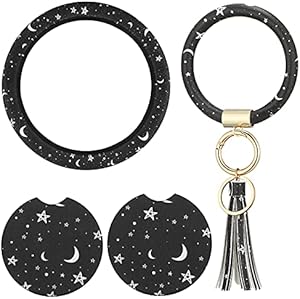 4 Pieces Black Moons White Stars Print Car Accessories Set Black Moons White Stars Steering Wheel Cover with 2 Pieces Car Cup Holder and Leather Keyring for Car Truck SUV