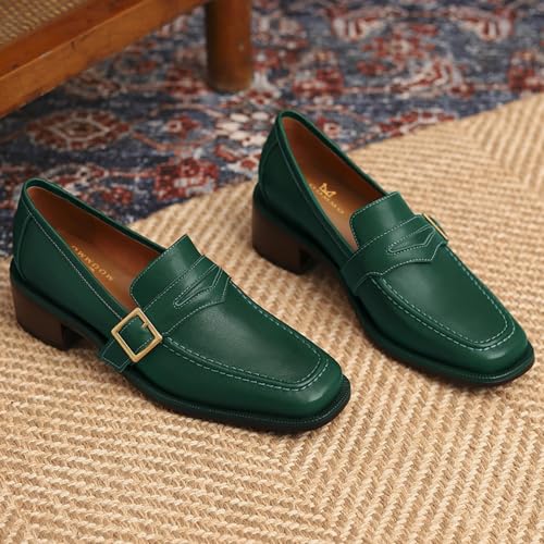 Image of MOOMMO Women Chunky Heel Penny Loafers Square Toe Buckle Slip On Comfort | Office Ladies Loafer Pumps 2 inch Stacked Block Heel Dress Loafers Oxfords Walking Dress Shoes Casual Size 4-11 M US