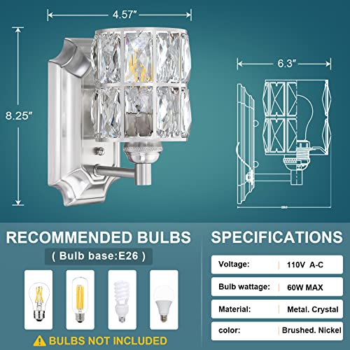 Image of Crystal Wall Sconce Brushed Nickel Dry&Wet Dual Use 1 Light 2 Pack