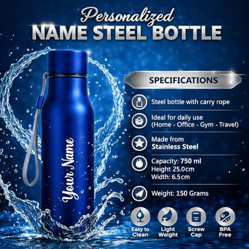Image of Giftana Personalized Name Water Bottle 750ml, Birthday Gifts (Blue 1)