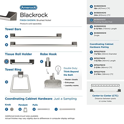 Image of Amerock Blackrock 9-5 /16 inch Brushed Nickel Pivoting Toilet Paper Holder | Decorative bathroom hardware in durable Zinc construction; mounting hardware included for easy installation