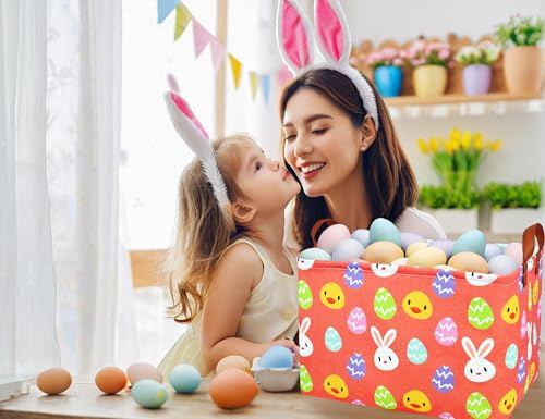 Image of Rectangle Empty Easter Baskets Boy Large Toy Storage Bin Girls collapsible Hamper Waterproof Canvas Box Kid Gifts Spring Decor( Yellow Chicken Rabbit Egg )