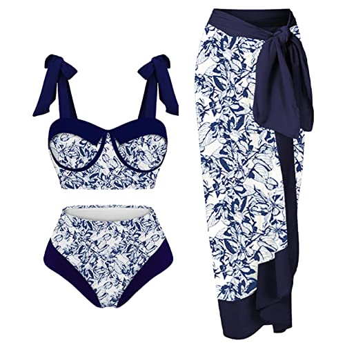 GIBZ Conjunto de Bikini para Mujer con Sarong Vintage 2 Piezas Talle Alta Push Up Traje de Baño Sexy Playa Pareo, M